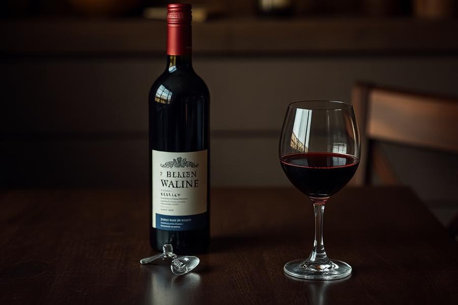 Fles rode wijn met een gevuld wijnglas op een donkere tafel
